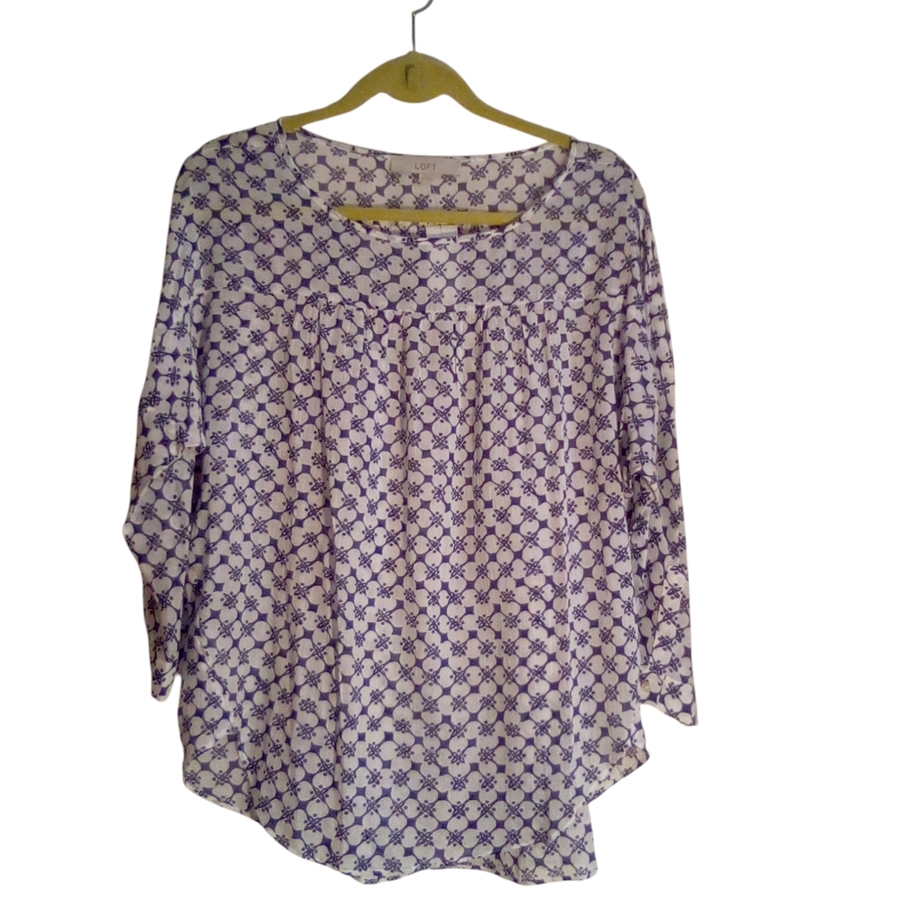 LOFT Ann Taylor Blouse Boho Peasant Sheer Pullover Medium Blue White NWT